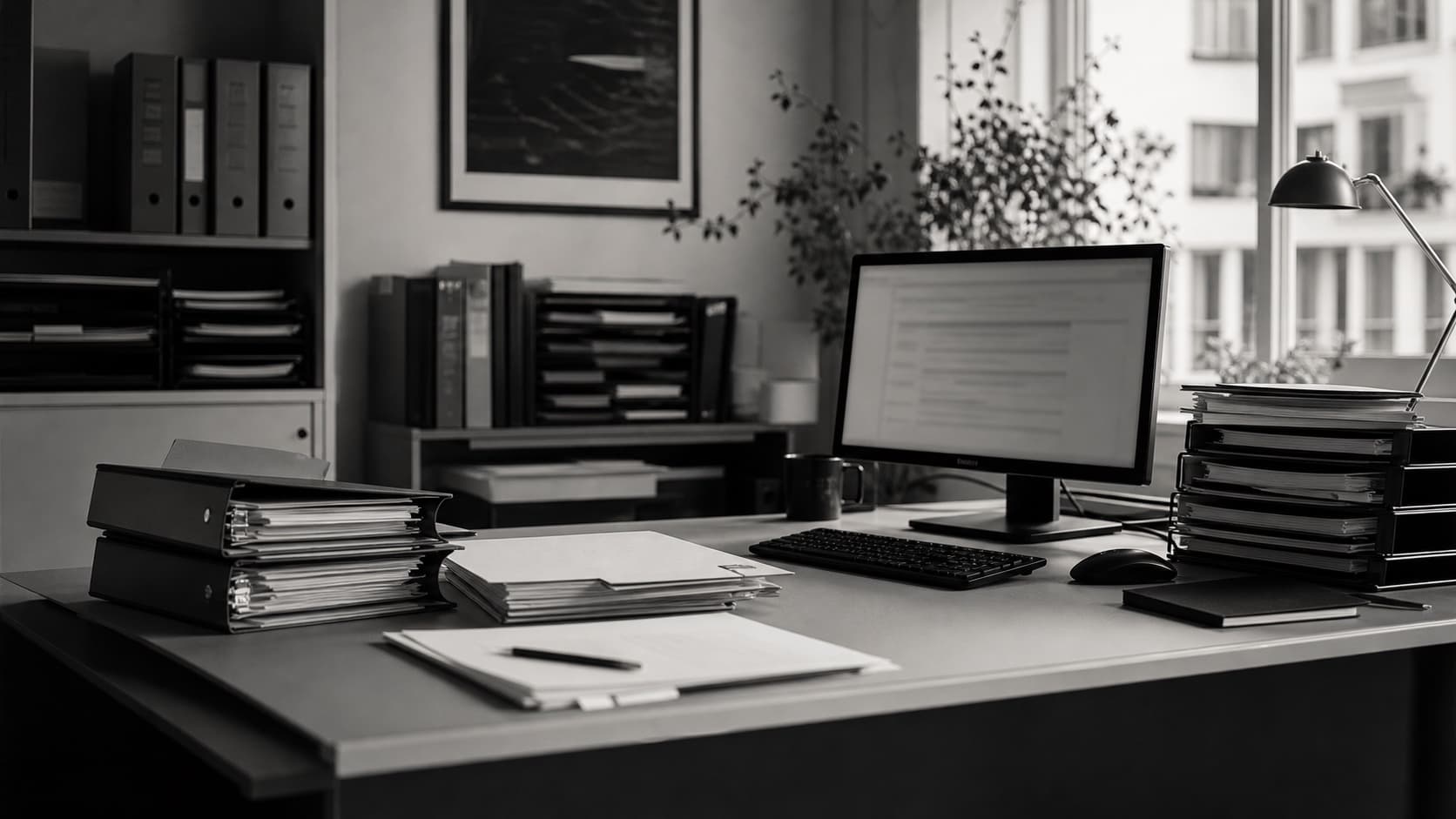 Bureau administratif d'un organisme de formation photographié en noir et blanc.